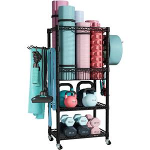 lot 5305 image: FUTASSI S1 Home Gym Storage, 3-Tier Workout Equipment Organizer with Wheels for Yoga Mats, Foam Roller, Dumbbells, Kettlebells, and Resistance Bands, 47.4 H x 27.5 L x 11.8 D, Black