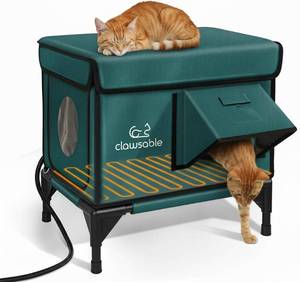 lot 5308 image: Indestructible Heated Cat House for Outside Winter, 100% Waterproof, Safe Escape Door, Insulated Outdoor Cat Shelter with Heater for Feral Barn Cat Kitty (Forest Green, 13x17x18)