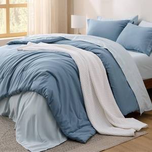 lot 5315 image: Bedsure Queen Comforter Set - 7 Pieces Grayish Blue Queen Bedding Set for All Seasons, Boho Contrasting Design Bed in a Bag with Comforter, Sheets, Pillowcases & Shams