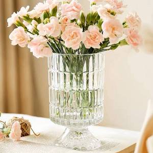 lot 5333 image: BLOFLO Embossed Glass Vase, 7 Crystal Glass Vases, Pedestal Big Base Glass Bouquet Vase, Hydroponic Glass Transparent Vase for Home Office Wedding Dining Table Party (Ribbed Pattern)