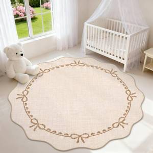lot 5334 image: GarveeHome Scalloped Bow Rug for Living Room, 5ft Round Rugs Washable Solid Beige Rug for Dorm Soft Low Pile Non Slip Scalloped Rugs for Nursery Bedroom Decor Hallway Kids Room Playroom