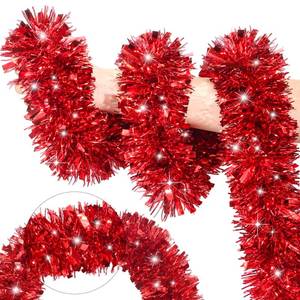 lot 6316 image: 50FT Red Christmas Tinsel Garland Metallic Twist Xmas Garland for Christmas Tree Decorations Holiday Hanging Garlands for Mantel Staircase Indoor Outdoor Home Office Classroom Party Holiday Decor