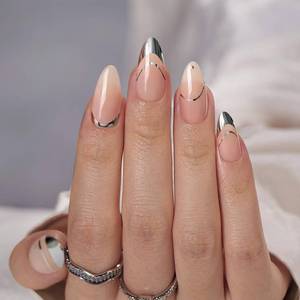 lot 6329 image: BTArtbox Press On Nails Almond - French Tip Press on nails, Medium Glue On Nails with Nail Glue, Silver Stick On Nails in 15 Sizes - 30 Fake Nails Kit, Zoomers