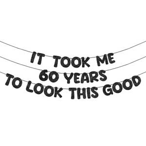 lot 6364 image: Fulmoon Pre Strung It Took Me 60 Years to Look This Good Glitter Banner Happy 60th Birthday Party Decorations Anniversary Party Supplies for Women Men(Black)
