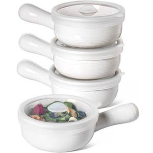lot 6373 image: LE TAUCI Soup Bowls with Handles and Silicone Lids, 15 Oz French Onion Soup Bowls, Non-Toxic Ceramic Soup Crocks for Noodles, Stew, Cereal and Chilli, Oven Microwave Dishwasher Safe, Set of 4, White