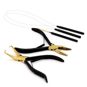 lot 6405 image: Professional Hair Extension & Beading Tool Kit Remove Plier Set for beads (4 Piece) I-Link Micro Ring Loop Needle Pulling Hook Threader Wire for Silicone Rings (Black Gold)