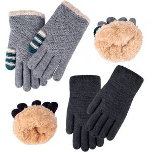 lot 6410 image: Winter Gloves for Boys Girls - Kids Warm Knit Thermal Cable Knitted Gloves Black Navy Blue Khaki Wool Fleece Lined Mittens for Cold Weather