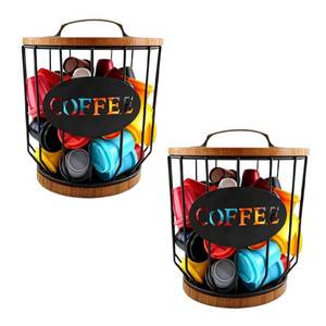 lot 6414 image: yaenoei 2 Pack Coffee Pod Holder with Lid Coffee Pods Storage Black Wire Coffee Storage Basket Large Capacity K Cup Holder with Wooden Base for Kitchen Countertop, Cafe Bar Organizer, Office Desktop