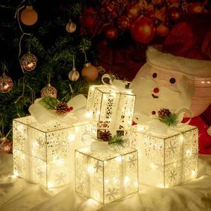lot 6415 image: COVFEVER Christmas Lighted Gift Boxes, Pre-lit Present Boxes Set of 3 with Different Sizes, Battery Operated Snowflake Light up Decorations for Holiday Indoor Outdoor (4 Pack)