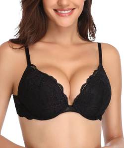 lot 6422 image: Deyllo Women��s Push Up Lace Bra Comfort Padded Underwire Bra Lift Up Add One Cup(Black,40D)