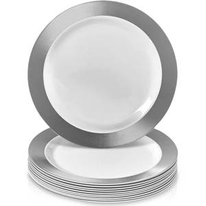 lot 6427 image: Ritz Collection White Round Plastic Dessert Plates with Silver Rim - 7.5 (Pack of 10) - Perfect for Weddings, Birthday Parties & Special Occasions