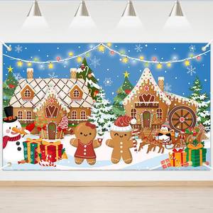 lot 6444 image: Lecheme Christmas Gingerbread Banner Winter Snowman Gingerbread House Backdrop Merry Christmas Candyland Background for Holiday Xmas Party Decorations 6x3.6ft