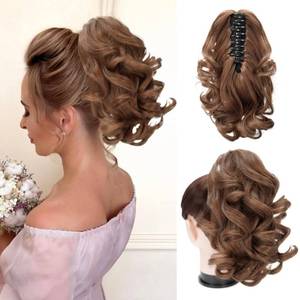 lot 6446 image: Foaoit Short Ponytail Hair Extensions Claw Clip in Hair Extensions for Women 10 Inch Loose Curly Ponytails Synthetic Updo Hair Pieces for Kids Girls (Light Golden Brown)
