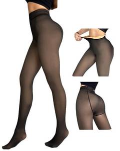 lot 6461 image: CHICME Womens Thick Fleece Lined Transparent Tights High Waist Elasticity Thermal Pantyhose Faux Sheer Warm Leggings Black-Regular one size
