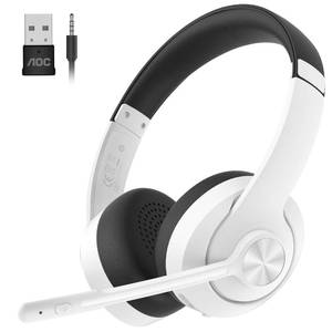 lot 6482 image: AOC Wireless Headset with Mic for Work with Noise Cancelling Mic for Clear Calls, 30H Playtime PC Bluetooth Headphones and Multipoint Connect to Laptop Computer and Mobile, Wired or USB Dongle- White
