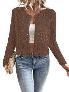 lot 6485 image: Urchics Knit Cardigan Sweaters for Women Crewneck Cropped Sweater Long Sleeve Front Button Fall Tops Coffee Brown S