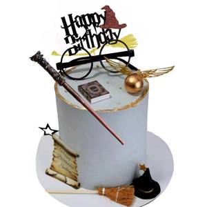 lot 6490 image: Magical Wizard Party Decoration Supplies,16PCS Cake Toppers includes glasses, golden balls, wings, broom, hat, book, wand accessories