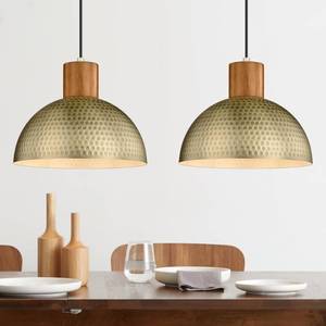 lot 7631 image: ELYONA 2 Pack Hammered Pendant Lights 12�� Vintage Metal & Wood Dome Hanging Lamp Antique Gold Industrial Kitchen Pendant Light Fixtures for Island, Farmhouse, Dining Room, Sink, Hallway, Brushed Brass