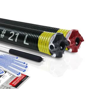 lot 7633 image: Pair of 2 Garage Door Torsion Springs Set with Non-Slip Winding Bars & Gloves, High Quality Precision Electrophoresis Black Coated, for Replacement & Installation, MIN 16,000 Cycles (0.207x2x21)