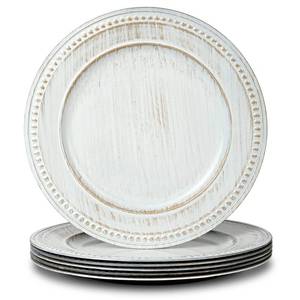 lot 7634 image: Kazozobi 13 Vintage Charger Plates, Beaded Chargers for Dinner Plates Set of 6, Charger Plates Bulk Wedding, White