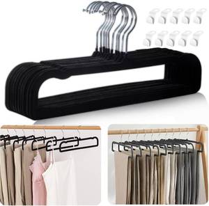 lot 7635 image: Velvet Hangers Non Slip - 20 Pack Pants Hangers for Closet - Thin Space Saving Clothes Hanger - Strong, Durable, Jean Perchas with 360 Degree Rotatable Hook for Tank Top (Black Silver Hook)