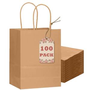 lot 7638 image: qiqee 100-Packs Brown Paper Gift Bags with Handles Bulk 8.26�6�3.15 Small Size Gift Bags Multiple Uses