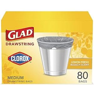 lot 7651 image: Glad Medium Drawstring Trash Bags with Clorox, 8 Gallon Grey Trash Bags, Lemon Fresh Bleach Scent, (Package May Vary), lemon, 80 Count (B08L4Q92QG)
