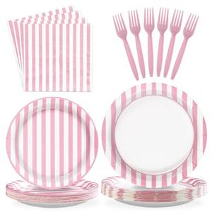 lot 7669 image: 96Pcs Pink Striped Party Supplies Pink and White Stripe Plates and Napkins Disposable Pastel Striped Carnival Decoration Favors for Girls Birthday Wedding Bridal Baby Shower Summer BBQ Party Serves 24