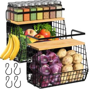 lot 7676 image: 2 Set Magnetic Shelf for Refrigerator with Wood Lid, Fruit Potato & Onion Storage Bins, Pantry Organizers & Storage, Large Container Magnetic Spice Rack for Refrigerator, Kitchen Counter, Cabinet