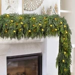 lot 7677 image: 9FT Thick Christmas Garlands with 240 Cedar Branches, 50 Lights, Green Cedar Garland for Christmas Decorations, Artificial Greenery Garland for Table Mantle Wall Indoor Outdoor Holiday Decor