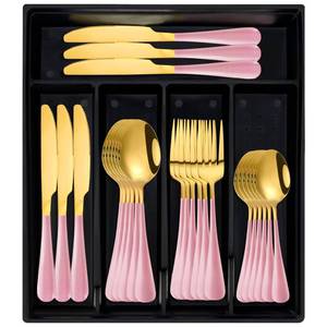 lot 7682 image: 24-Piece Flatware Set with Organizer,Heavy Duty Stainless Steel Silverware for 6,Pink Cutlery Utensil Sets with Antiskid Handle��Rust-proof Stainless Steel Cutlery, Mirror Polished (Pink) (No Utensils) (Organizer Only)