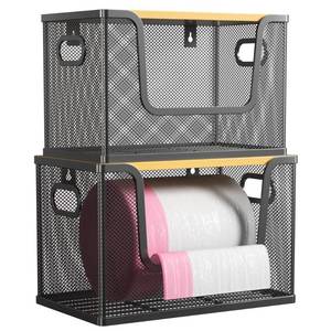 lot 7695 image: Orapoke 2 Pack Trash Bag Holder with Bamboo Cover, Metal Garbage Bag Dispenser for Kitchen Organization and Storage, Stackable Trash Bags Dispenser Under Sink Organizer Fit 1330 Gallon Roll, Black