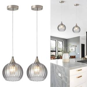 lot 7699 image: Brushed Nickel Pendant Lights Kitchen Island, Globe Pendant Light Fixtures with 8 Inch Clear Glass Shade, Modern Hanging Light Fixtures for Kitchen, Bedroom (1 Pack - Gray Glass Pendant Light)