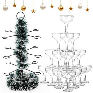 lot 7714 image: LemonRoad 32 Pcs Christmas Cocktail Tree Stand with Garland and 30 Disposable Champagne Cups, 3 Tier 12 Holders Drinks Display Holder Tower for Wedding Bridal Shower Party(Dark Green with White Trim)