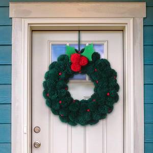 lot 7716 image: Thiccywoov 13 Inch Yarn Pom Pom Wreath for Front Door Colorful Felt Ball Wreath Hanging Decorations for Party Walls Windows Indoor Home Decor (Christmas)