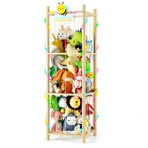 lot 7723 image: Hsenowi Stuffed Animal Storage Zoo Organizer Natural Pine Plushies Storage with Elastic Bands Vertical Wood Toy Holder Mesh Net Space Saving Design for Playroom Nursery Kids Bedroom