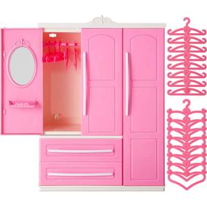 lot 8469 image: Doll Closet Furniture Wardrobe Clothing Organizer Doll Open Wardrobe Dollhouse Closet with 20 Pieces Hangers 2 Style Pink Plastic Hangers Dollhouse Furniture Accessories(Classic Style)