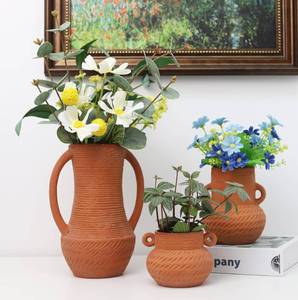 lot 9464 image: Dheureka Terracotta Vases Sets of 3, Farmhouse Decor, Ceramic Vase for Flower, Wide Mouth Rustic Home Decor Vases for Flowers, Living Room, Table,Shelf and Accessories, Terracotta