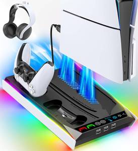 lot 9469 image: PS5SlimPro Stand for Disc & Digital Console, PS5 Cooling & Charging Station with RGB Lights, PS5 Controller Charger Built-in 3 Level & AUTO Adjustable Fan, PS5SlimPro Accessories Comes 3 USB Ports