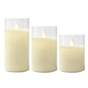 lot 9485 image: Missing Middle LumaBase Battery Operated Glass Hurricane LED Candles with Flickering Flame - Set of 3