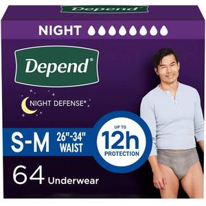 lot 9489 image: Depend Night Defense Adult Diapers, Incontinence Underwear for Men, Disposable, Overnight, SmallMedium, Grey, 64 Count (4 Packs of 16), Packaging May Vary