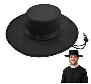 lot 10337 image: Nicky Bigs Novelties Adult Black Wide Brim Felt Hat Premium Flat Top Hats Amish Style Ranch Cowboy with Chin Strap Men Women Costume Accessory for Plague Matador Western Medieval Adjustable Size