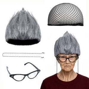 lot 10340 image: QACCF Halloween Costume Old Lady Costume Gray Wig with Beaded Necklace Chain Cat Eye Glasses
