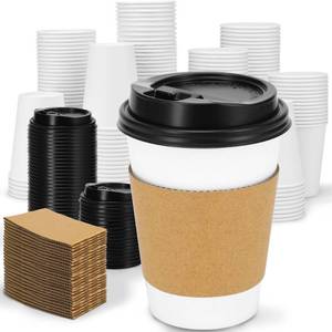 lot 11655 image: Clawsoff 100 Pack 12 oz Disposable Coffee Cups with Lids and Insulated Sleeves, Leak-free Paper and Sturdy Thick Paper Hot to Go Coffee Cups with Lids for ColdHot Beverage (White)