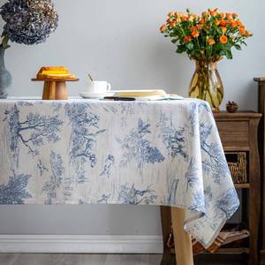 lot 12053 image: GLORY SEASON Rustic Tablecloth Classic French Village Printed Linen Fabric Table Cover Farmhouse Decoration 55x120 Inches RectangleOblong Blue for Kitchen Dining