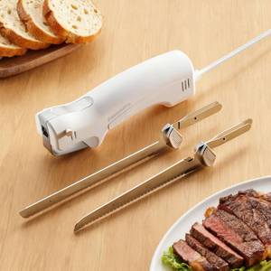 lot 12058 image: ZIMOMOTA Electric Knife for Meat Slicing, Electric Bread Knife with 4 Stainless Steel Blades, Electric Kitchen Knife for Cutting Meats, Poultry, Bread, Crafting Foam & More��White��