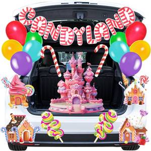 lot 12059 image: Halloween Trunk or Treat Candy Land Decorations Kit with Whole Piece Sweet Candy Land Lollipop Balloons Tassel for Suv Car Archway Garage Door Haunted House Party Decoration