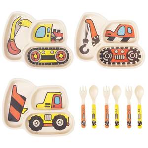 lot 12061 image: Kids Plates Set, Included Plate Fork and Spoon 9-Piece Set - Toddler Plates Dinnerware Dinner Dish Set Baby Feeding Divided Plate - Child Portion Control Trays (ExcavatorBulldozerHook Truck)