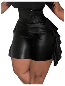 lot 12069 image: BEAUDRM Womens Plus Size Faux Leather Shorts Y2k Ruffle Skinny Rave Festival Sexy Mini Shorts Western Cowgirl Outfits Black X-Large Plus
