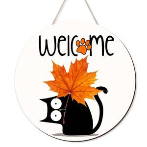 lot 12072 image: Hello Fall Signs Wooden Hanging Signs for Front Door Maple Leaf Black Cat Door Signs Rustic Fall Door Hangers for Home Autumn Harvest Front Porch Decor